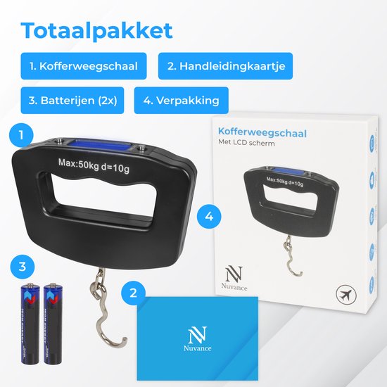 Totaalpakket met zwarte kofferweegschaal, batterijen en verpakking. Max: 50kg.