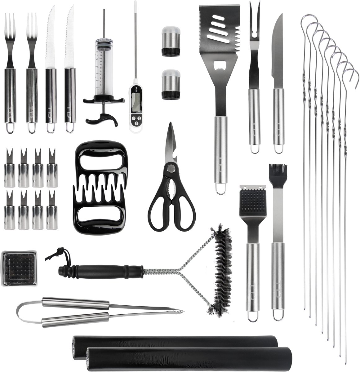 TTD® Premium BBQ Accesoires Set 40-delig - BBQ Gereedschapset RVS - Barbecue Accessoires - BBQ Tang - BBQ Spatel - Inclusief BBQ Thermometer en Schoonmaak Borstel - Inclusief Opbergtas
