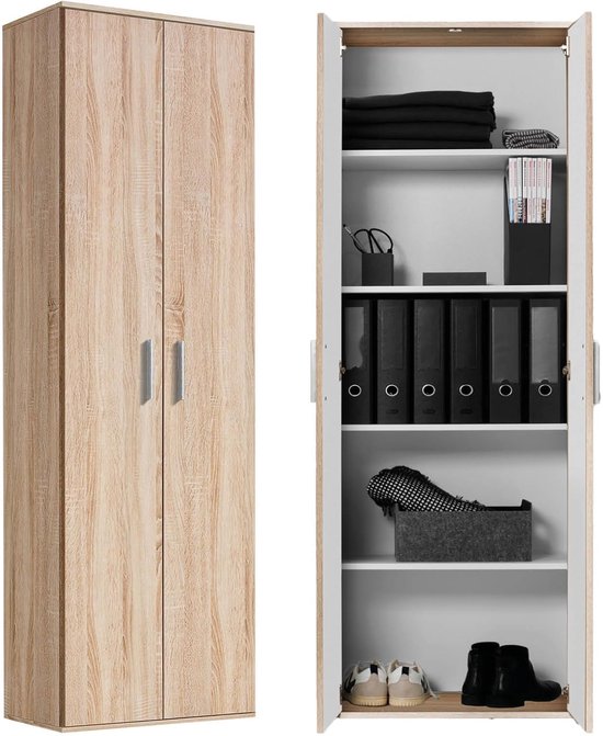 Hoge bruine kast met houten textuur, met 2 deuren. Open kast toont 5 planken met opbergmanden en mappen.