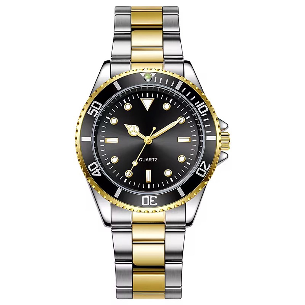 Selevie Horloge Quartz Marine - Zilver, Goud Zwart - RVS Band - Waterdicht en datumaanduiding - Zilver en goudkleurige Schakelband en zwarte wijzerplaat