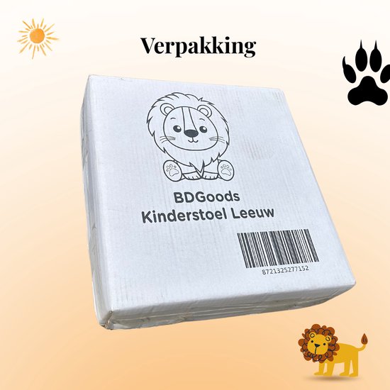 Verpakking van de BDGoods Kinderstoel Leeuw. De doos is wit met een tekening van een leeuw en tekst.
