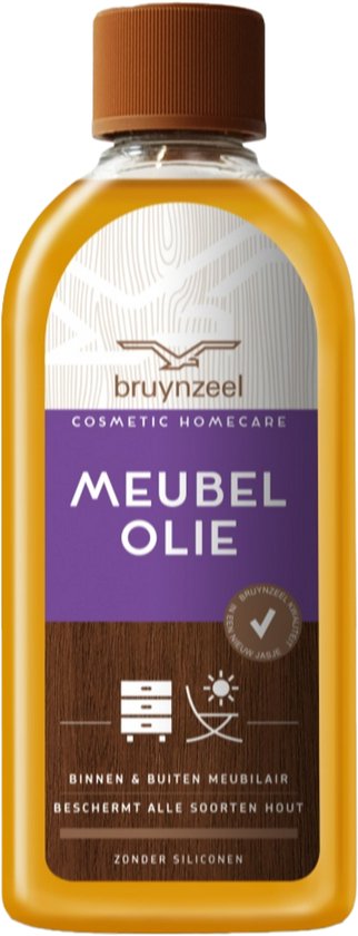 Bruynzeel meubolie, 200ml. Transparante olie in bruine fles met paarse dop en label met vogel logo, houttextuur en tekst 'MEUBEL OLIE'.