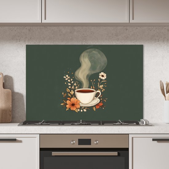 Spatscherm keuken 90x60 cm - Kookplaat achterwand Kop - Bloemen - Groen - Koffie - Muurbeschermer - Spatwand fornuis - Hoogwaardig aluminium