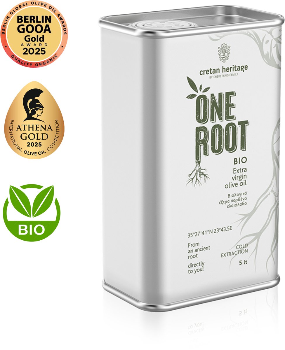 Cretan Heritage - One Root BIO - Biologische Griekse Premium Olijfolie – Extra Vierge – 5 Liter – Koroneiki – Goud Bekroond – Koudgeperst