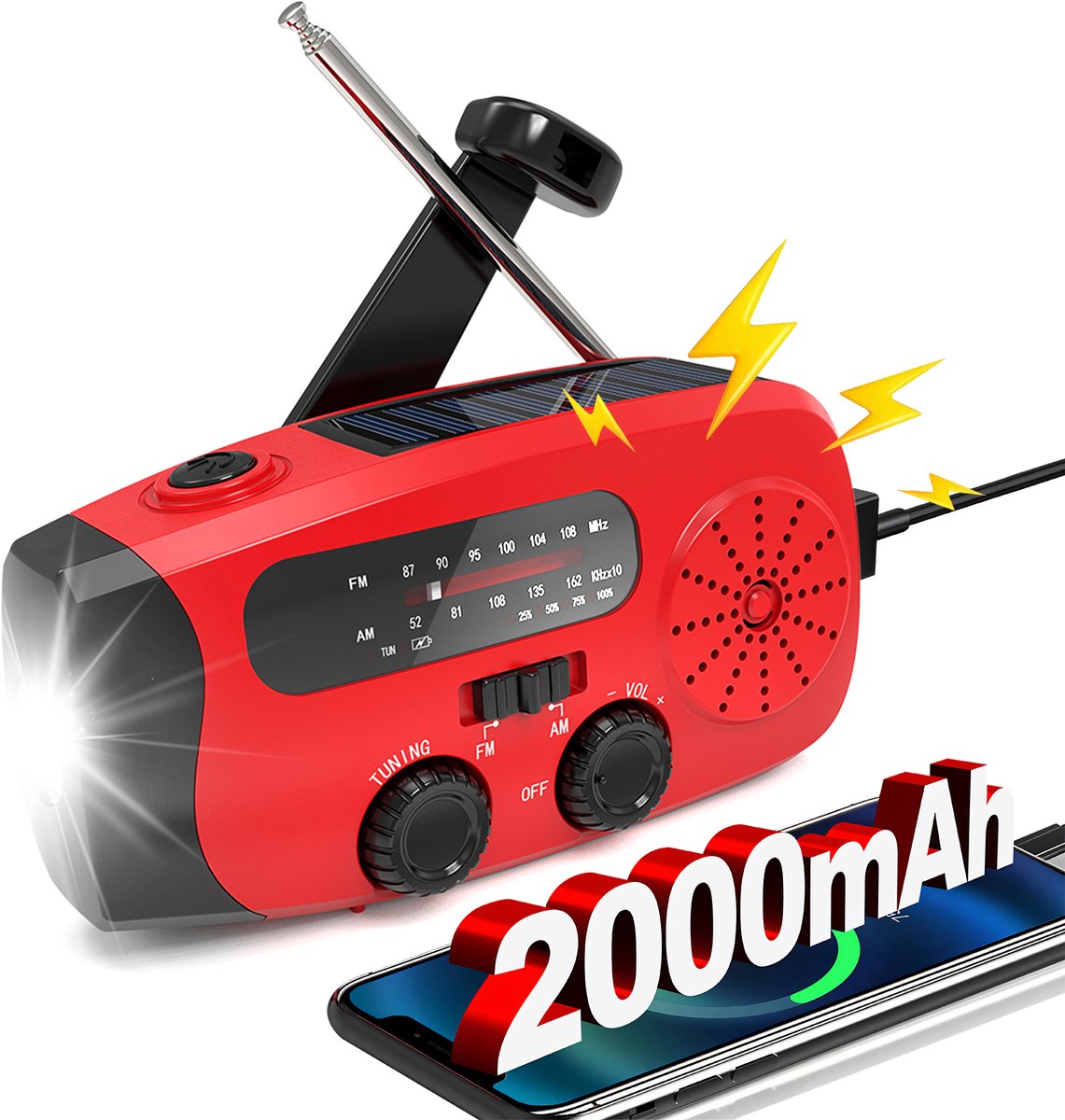 SYTIFRO Noodradio Solar Opwindbaar en Batterij - Noodpakket - Draagbare Survival Radio - 2000 mAh - Powerbank Zonneenergie -Zaklamp – Rood