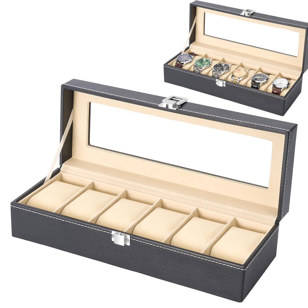 Horlogebox - Horlogedoos Heren Dames - Geschikt Voor 6 Horloges - Luxe Horlogebox - Sieradendoos - Verwijderbaar Kussens - Geschikt Voor Horloges En Sieraden - Opbergdoos - Zwart
