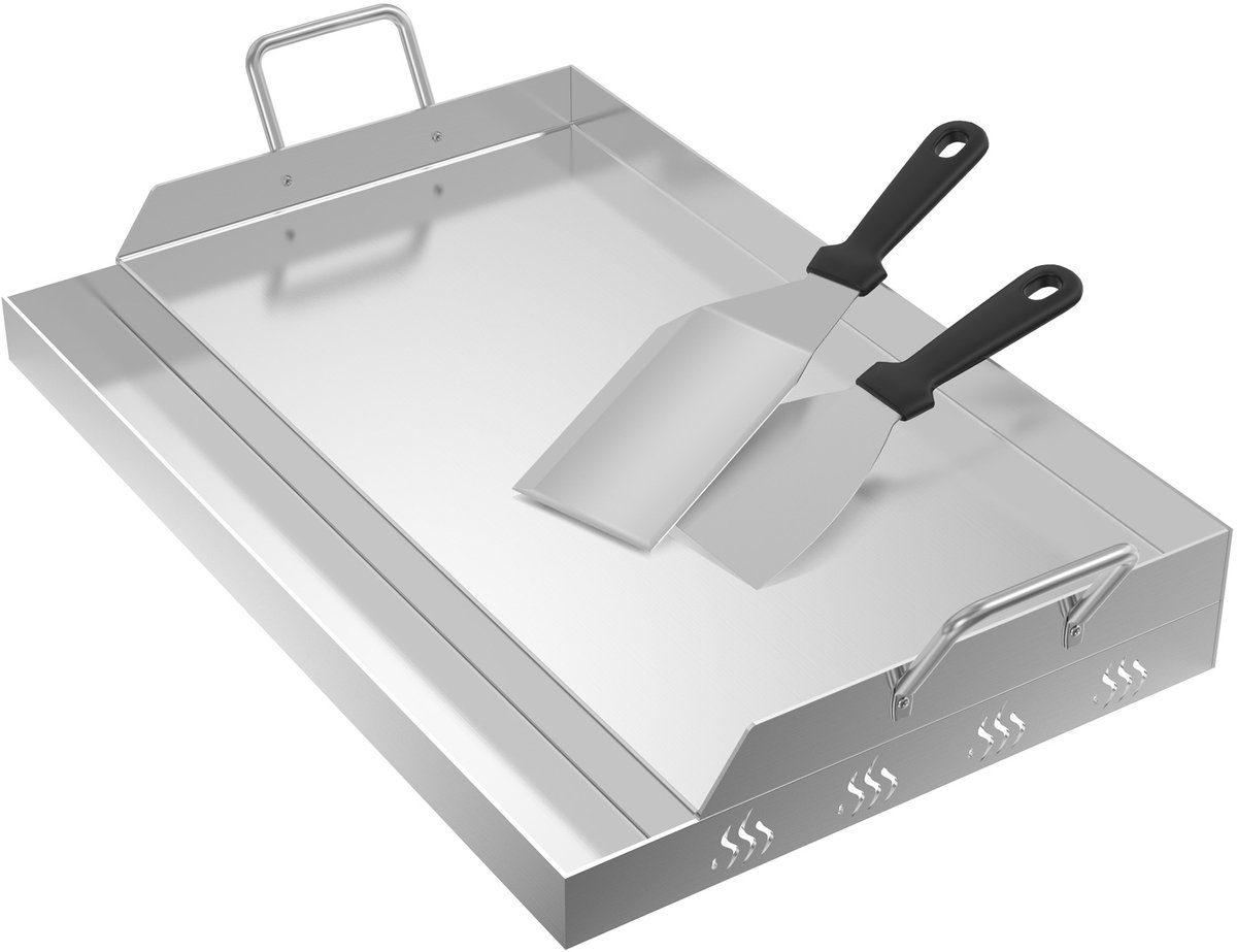 Aufun Bbq Grillplaat Met Handgrepen, Universele Grillplaat Van Roestvrij Staal Voor Gelijkmatige Warmteverdeling, Grillplaat Met Grillspatel, Geschikt Voor Houtskool- En Gasgrills, Zilver, 47X32X7 Cm