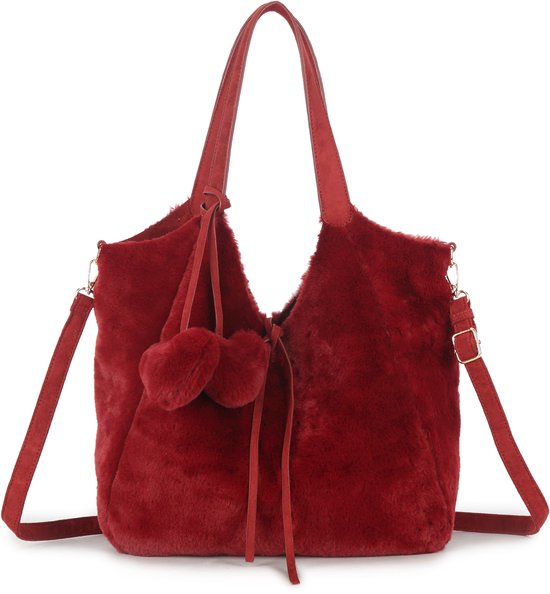 CORIOS Vrouwen Suède Tote Tas Schoudertas met Lamswol Vintage Crossbody Tas Grote Capaciteit Handtas Lichtgewicht Messenger Tas Zachte Pluche Top Handvat Tas met Muntportemonnee 2-delige Set, Bruin, L