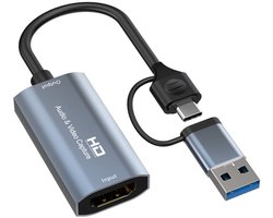 USB + USB-C naar HDMI Female Video Capture Adapter - Full HD Opname en Streaming - Voor PC, Mac, Android en Camera - grijs