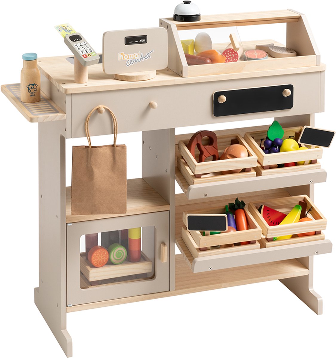 howa Speelgoed Winkeltje van Natuurlijk Hout, Beige inclusief 40 Winkel Accessoires 47559