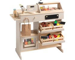 howa Speelgoed Winkeltje van Natuurlijk Hout, Beige inclusief 40 Winkel Accessoires 47559