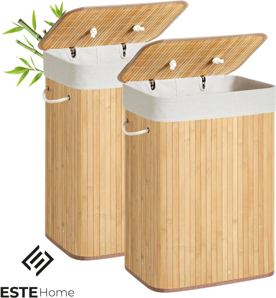 ESTE Home Bamboe Wasmanden Set van 2 – 72L – Met Deksel en Binnenzak
