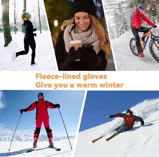 Collage van mensen in de sneeuw: joggen, met koffie, fietsen, skiën. Tekst: Fleece-lined gloves Give you a warm winter.