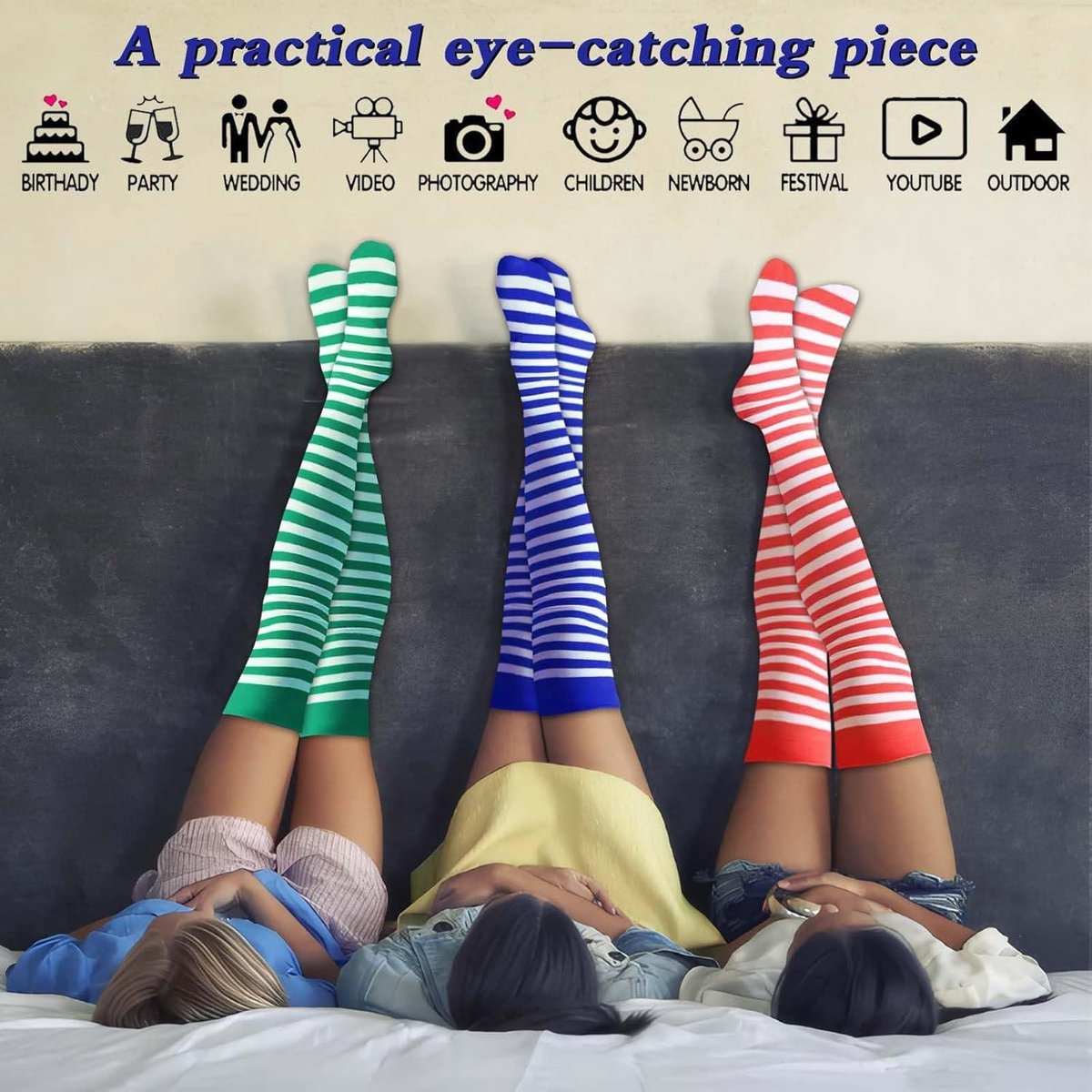 Allecto Plus - Gestreepte Overknee Kousen voor Vrouwen | Lange Dij Hoge Kousen - Paars Rood Zwart - One Size