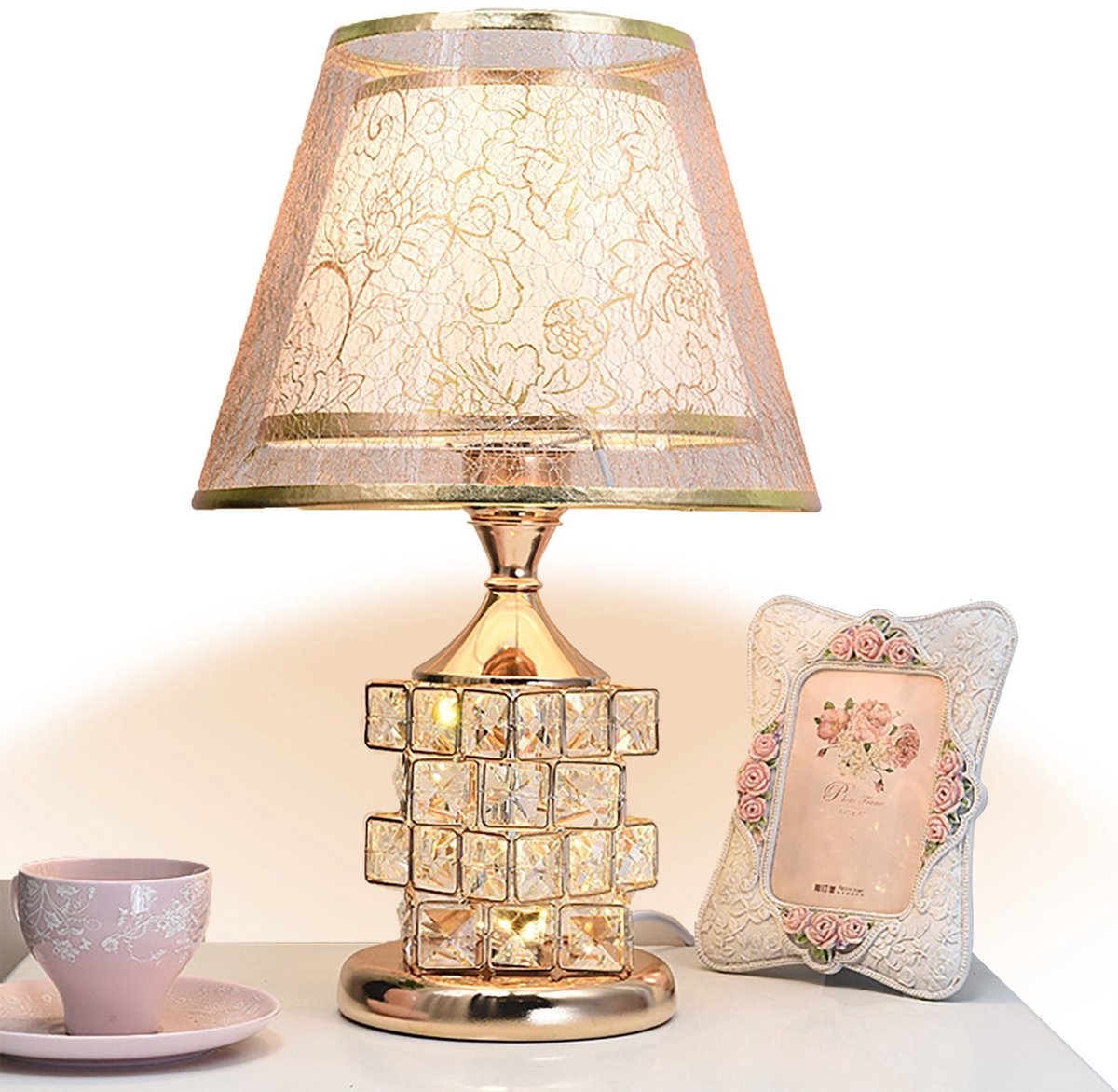 ibettertec LED Kristallen Tafellamp - Gouden Vintage Design - Luxe Nachtlamp met Knopschakelaar Europese stijl bureau/slaapkamer verlichting - High-end kristallen voet - Eenvoudige bediening