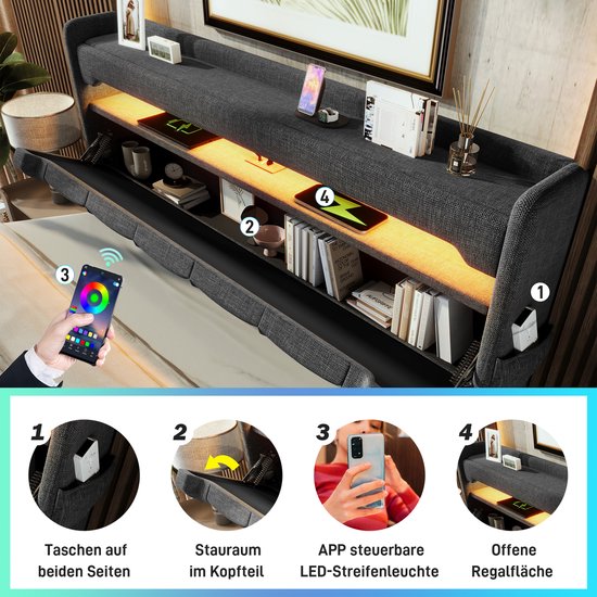 Lit double rembourré 180x200 avec ports USB et Type C - éclairage LED- lit avec coffre hydraulique - gris - sans matelas