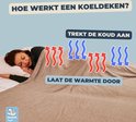 Vrouw slaapt onder een grijs koelkleed dat kou aantrekt en warmte doorlaat.