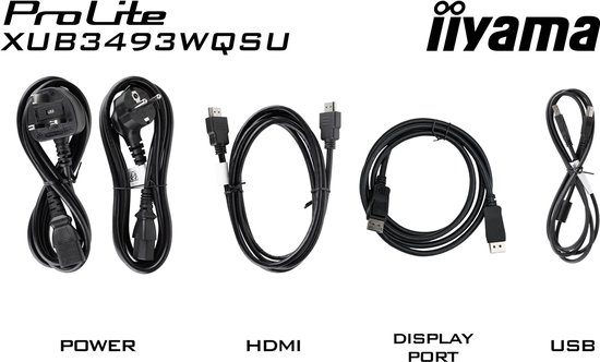 Set van Iiyama ProLite XUB3493WQSU kabels: twee netsnoeren, HDMI kabel, DisplayPort kabel en USB kabel.