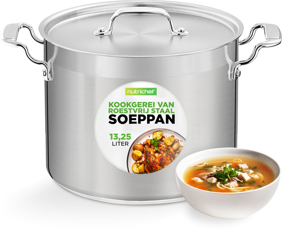 NutriChef Kookpot - 13Liter inductie Soeppot - Roestvrijstalen Kookpan met Deksel, Vaatwasmachinebestendig