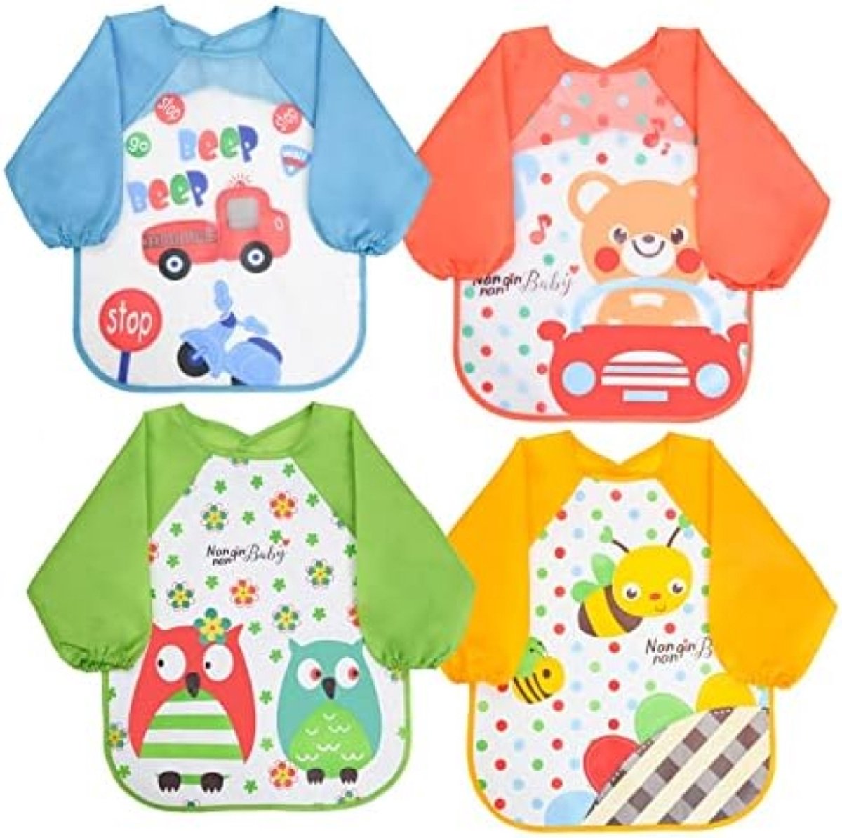 Image of 4 Stuks Waterdichte Slabbetjes Met Lange Mouwen voor Baby's en Peuters - Dierenpatroon - Geschikt voor 6-36 Maanden - Unisex