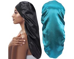 S&Dshopline® Satijnen haarmuts, 2 stuks, satijnen slaapmuts voor dames, satijnen kap, slaapmuts voor lang krullend haar, bescherming, zijden nachtmuts om te slapen, voor haarverzorging (zwart + paars)