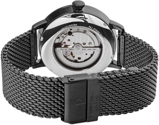 Achterkant van een zwart Pierre Lannier horloge met een mesh band en een open uurwerk.