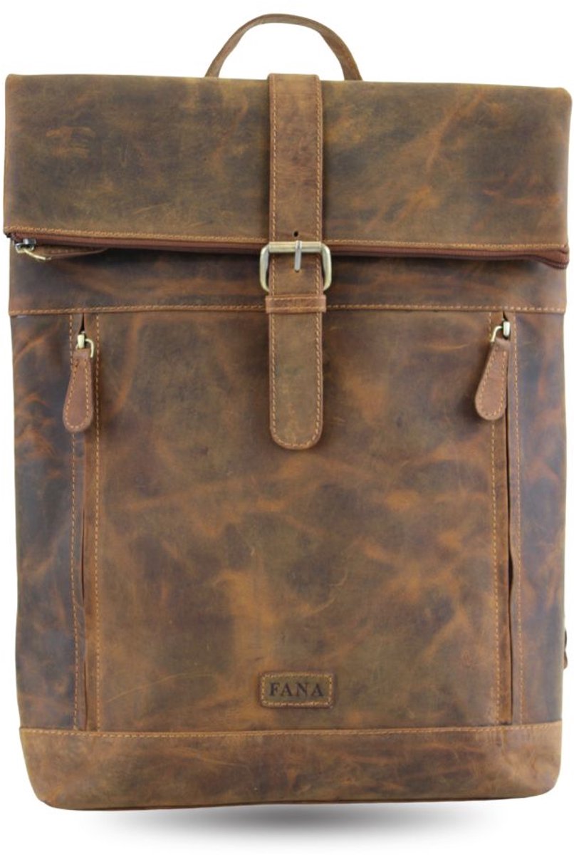 Fana Bags Leren Rugzak Bruin - Werk Rugzak met Veel Vakken - Business Rugtas - Leren Rugtas Dames / Heren - Buffelleer - Rolltop - Laptop Rugtas Leer