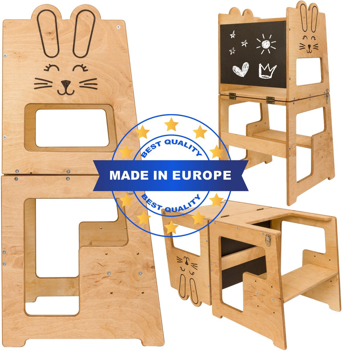 Fits4Kids® Leertoren Keukenhulp Premium - Handgemaakt in EU - Verstelbaar en Opvouwbaar - Hout - Flapje