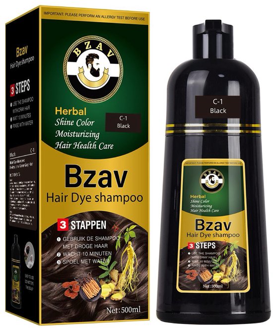 Zwarte fles en doos met gouden en groene accenten. Label 'Bzav Hair Dye shampoo', '3 STAPPEN' en ingrediënten.