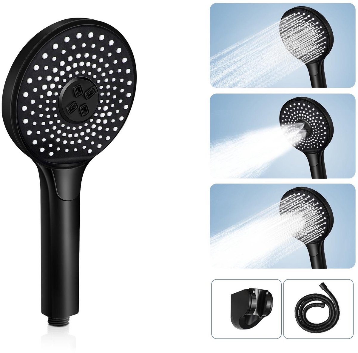 NETTLIFE Douchekop met Slang - Douchekop - Rond - Hoge druk - Regendouche - 3 Sproeistanden - met houder - Waterbesparende Handdouche - Luxe Moderne Handdouche - zwart