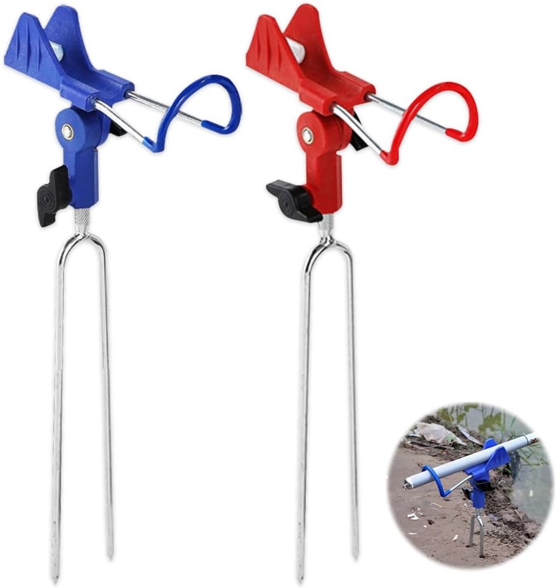 2-delige 360° visstandaard - afneembare hengelhouder - geschikt voor riviervissen, strandvissen (rood, blauw)