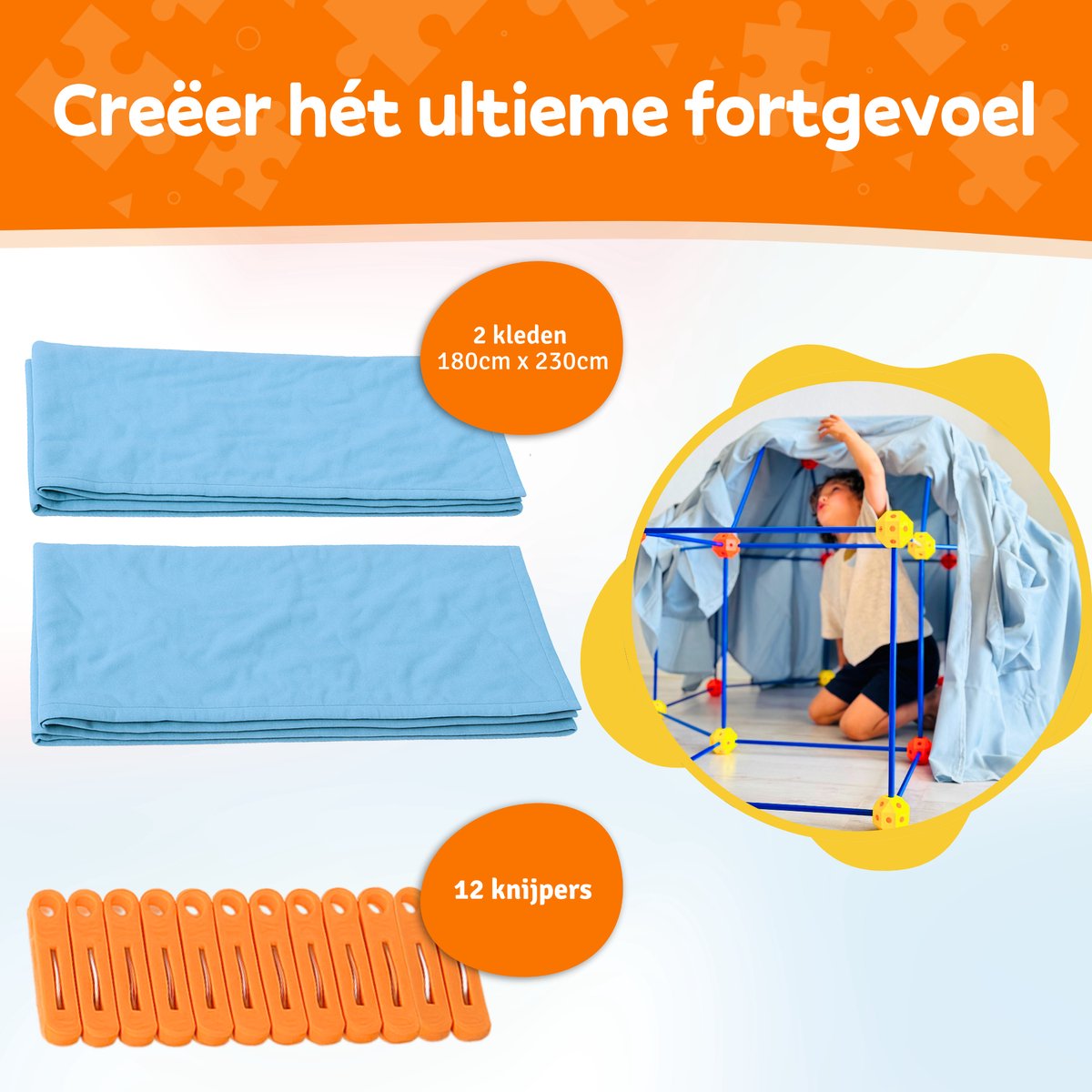 Fort Bouwpakket XL + Kleden & Knijpers - 122 Onderdelen - Incl. Opbergzak & E-book - Speeltent - Educatief Speelgoed - Bouwspeelgoed - Hut Bouwen — afbeelding 2