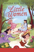 Couverture du livre 'Little Women' montrant quatre filles en costumes d'époque pique-niquant dans un parc. Louisa May Alcott est en haut.
