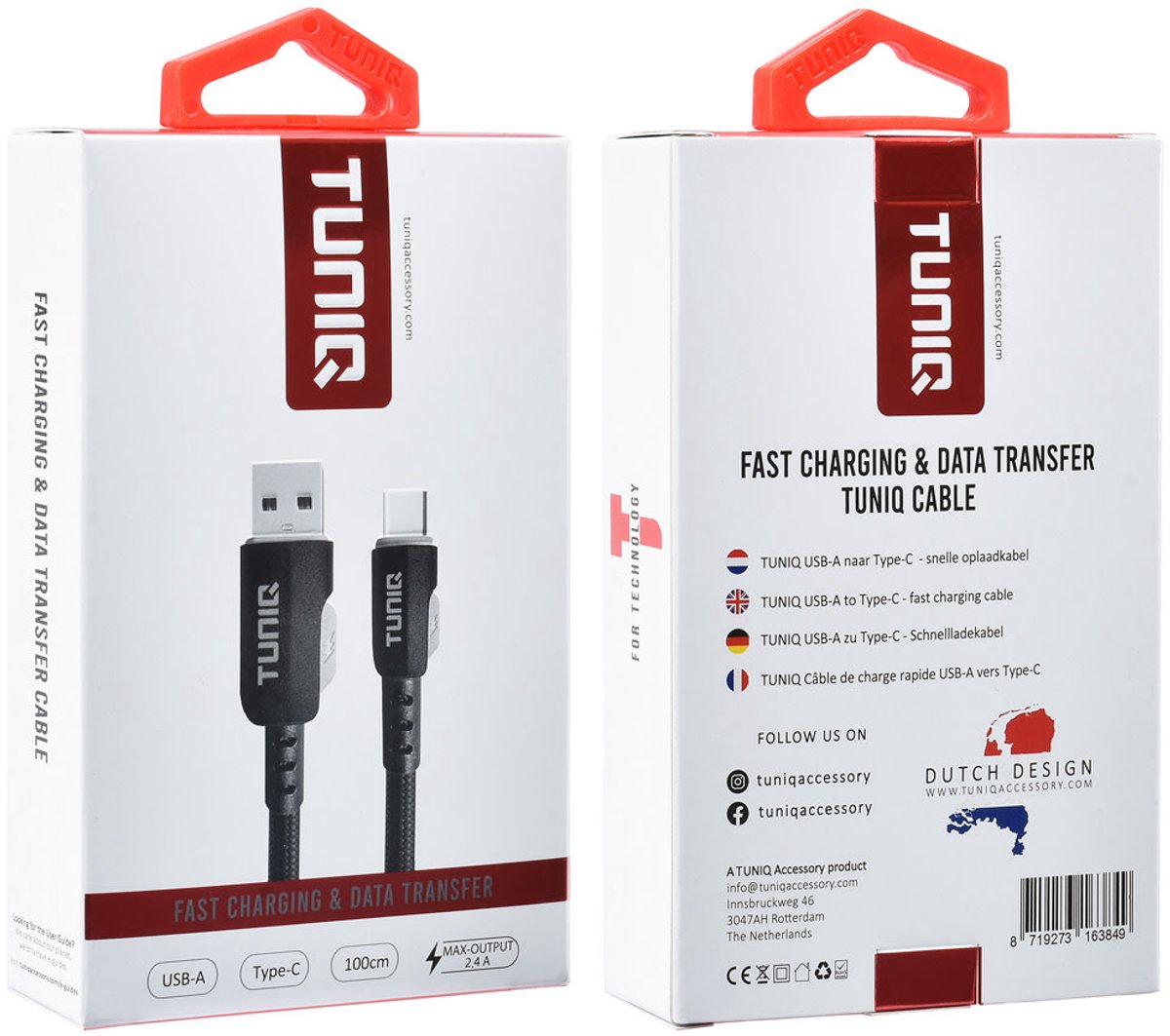 TUNIQ USB-A naar USB-C Kabel 100cm - Snelle oplaadkabel - Zwart