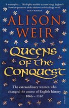 Boek kaft van Alison Weir, 'Queens of the Conquest'. Blauw met oranje tekst en witte en rode bloem versieringen.