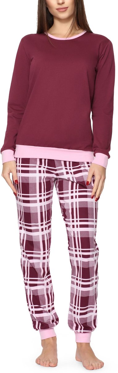Merry Style – Damespyjama – Tweedelig – Lang - wijnrood/geruit – S - Kleurrijk met Patroon - MS-MS10-268-PJ
