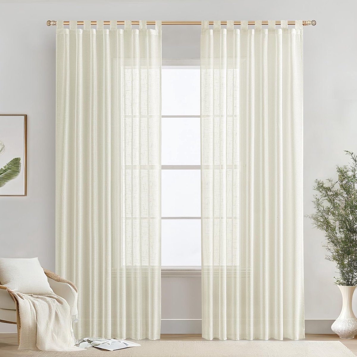 Ibenzoa Elegante Ivoorwitte Linnenlook Gordijnen met Lussen voor Woon- en Slaapkamer, Set van 2, 140 x 225 cm Creme