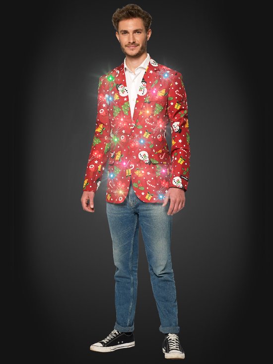 Heren blazer in het rood met kerstprint van sneeuwpoppen, kerstbomen, cadeaus en bellen. Met ingebouwde lichtjes die knipperen.