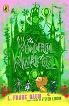 De voorkant van het boek "The Wonderful Wizard of Oz" toont de Emerald City in het groen met Dorothy, Scarecrow, Tin Man, Cowardly Lion en een aap. De titel is in het wit.