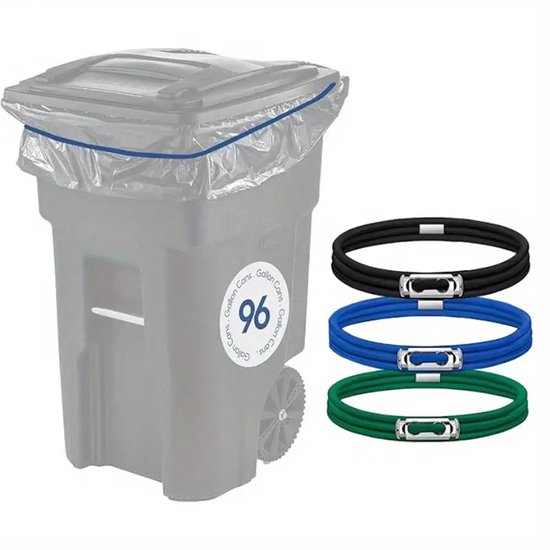 Grote zwarte, blauwe en groene elastieken met metalen sluiting, geplaatst naast een vuilnisbak voor een 96 gallon container.
