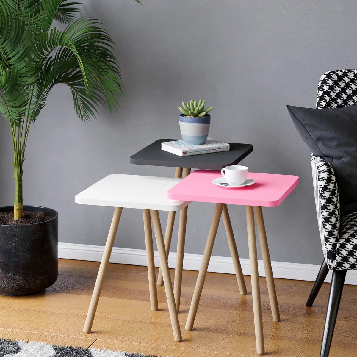 ROSA - Salontafelset - Bijzettafel Set van 3 - Nestbare - Nesttafels - Houten Poten - Gemengde kleur - Roze - Wit - Antraciet