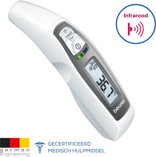 Foto: Beurer ft 65 infraroodthermometer voorhoofd oor objectmeting digitale koortsthermometer led koortsindicator 10 geheugenplaatsen meting in seconden groot display medisch gecertificeerd incl batterijen wit