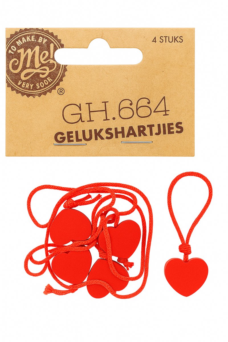 To make by me Gelukshartjes Hout - 4 stuks rood met touwtje - 2cm