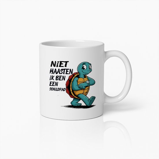 Tasse humoristique en céramique représentant une tortue avec inscription en néerlandais « Ne vous précipitez pas, je Ben une tortue »