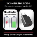 Zwarte 33W snellader met EU stekker, die smartphones 50% sneller laadt in 30 minuten.