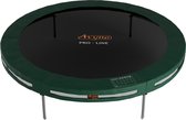 Ronde, groene inground trampoline met zwarte springmat, merknaam 'Avyna PRO-LINE', op zwarte achtergrond.