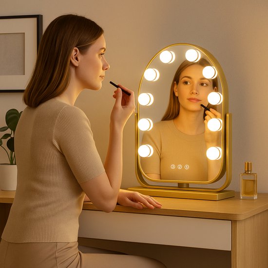 Miroir Hollywood Bayt 58x46 Cm – Éclairage LED Réglable 3 Intensités + Grossissement 10x – Parfait Pour Maquillage Pro (Noir Mat)
