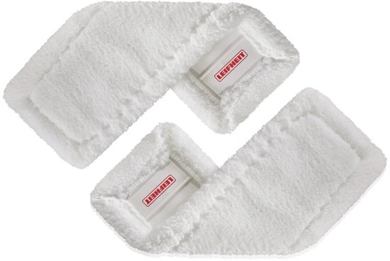 Deux lingettes de serpillière Leifheit en microfibre blanche avec logos rouges.