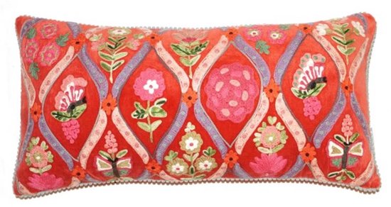 kussen décoratif Only Natural velours orange avec fleurs brodées 30 x 60 cm