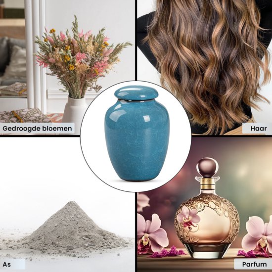 Collage met een lichtblauwe urn, gedroogde bloemen, haar, as en parfum.